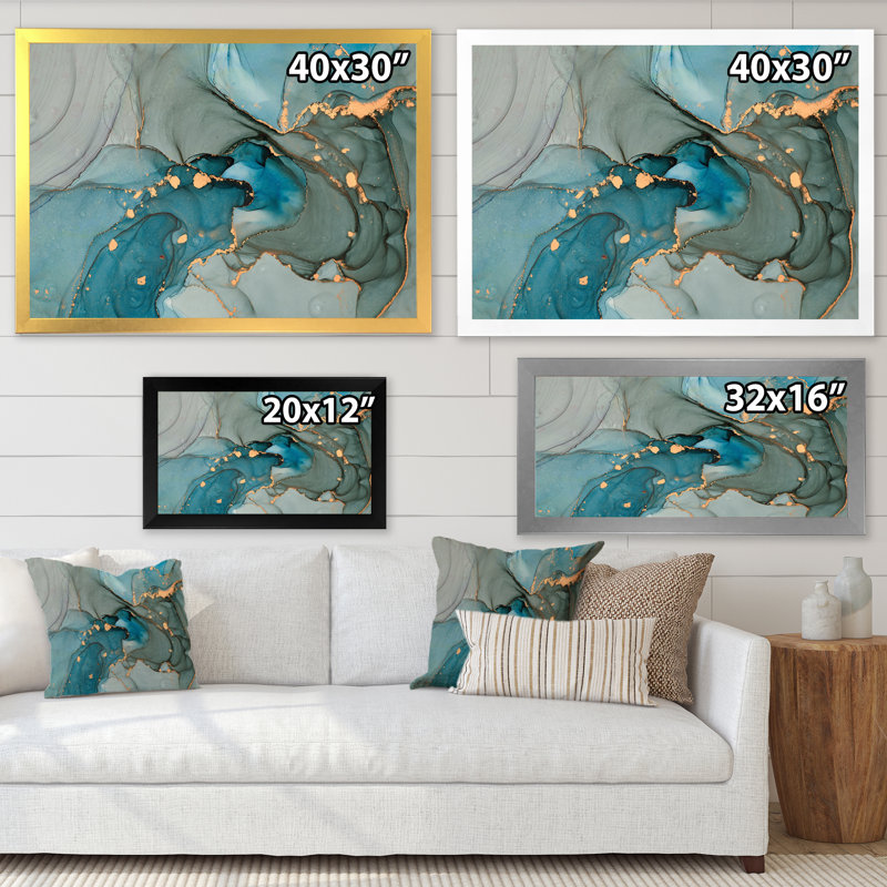 Turquoise doré infusé de marbre - reproduction sur toile, H 12 po x l 20 po, Impression encadrée, Blanc