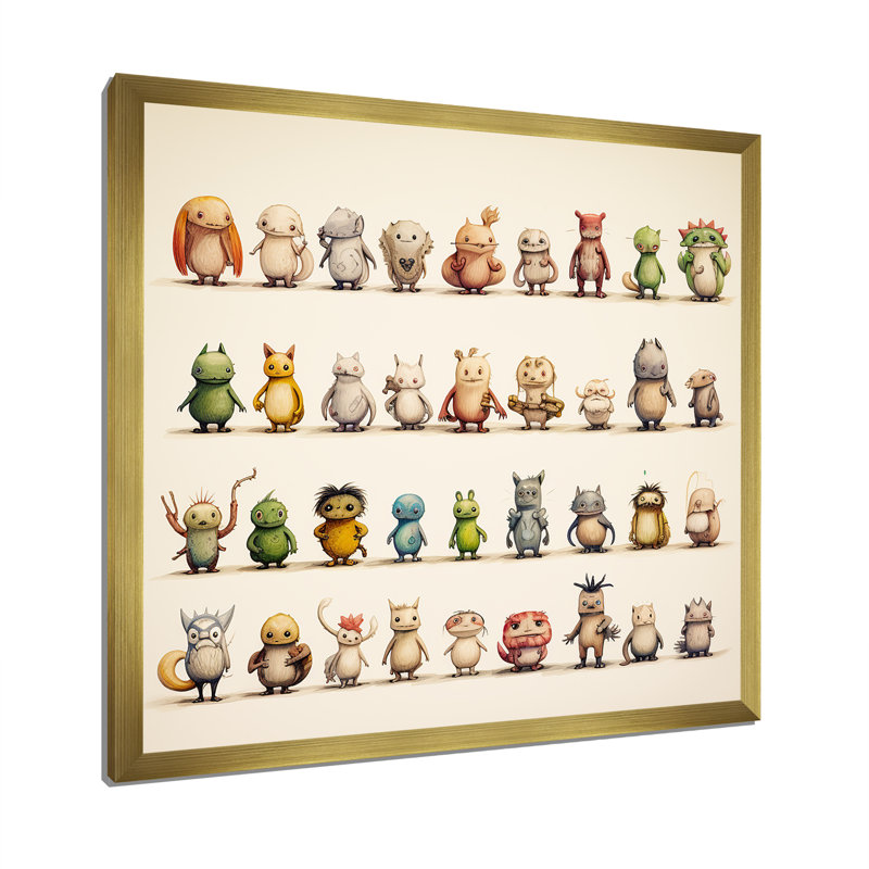 «Gray Childrens Monsters Nursery Motif III», reproduction d'art sur toile, Cadre doré simple, H 16 po x l 16 po x P 1 po
