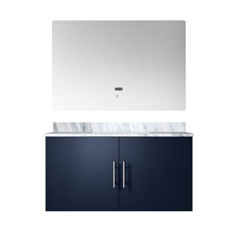 36 po L x P 22 po. Meuble-lavabo bleu avec plateau en marbre et miroir à DEL - Armoire de rangement spacieuse, résistante aux égratignures, avec porte