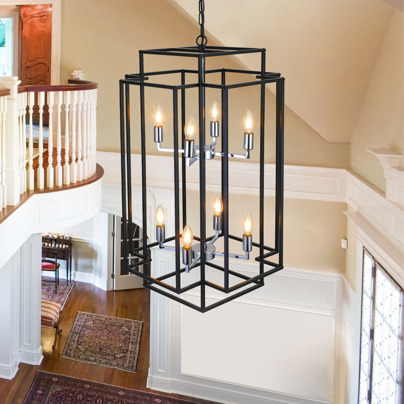 8-Lights Lantern Tiered Pendant Light Fixtures, Industrial Farmhouse Hanging Chandelier, Black, Silver