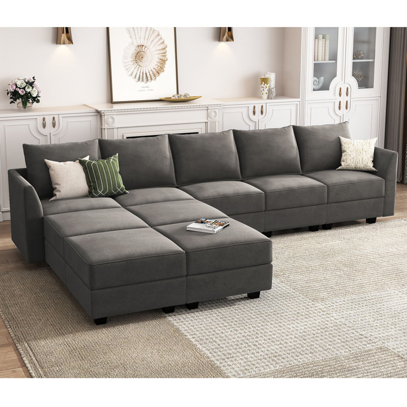 Canapé et méridienne réversible avec repose-pieds Sabira, Velours gris