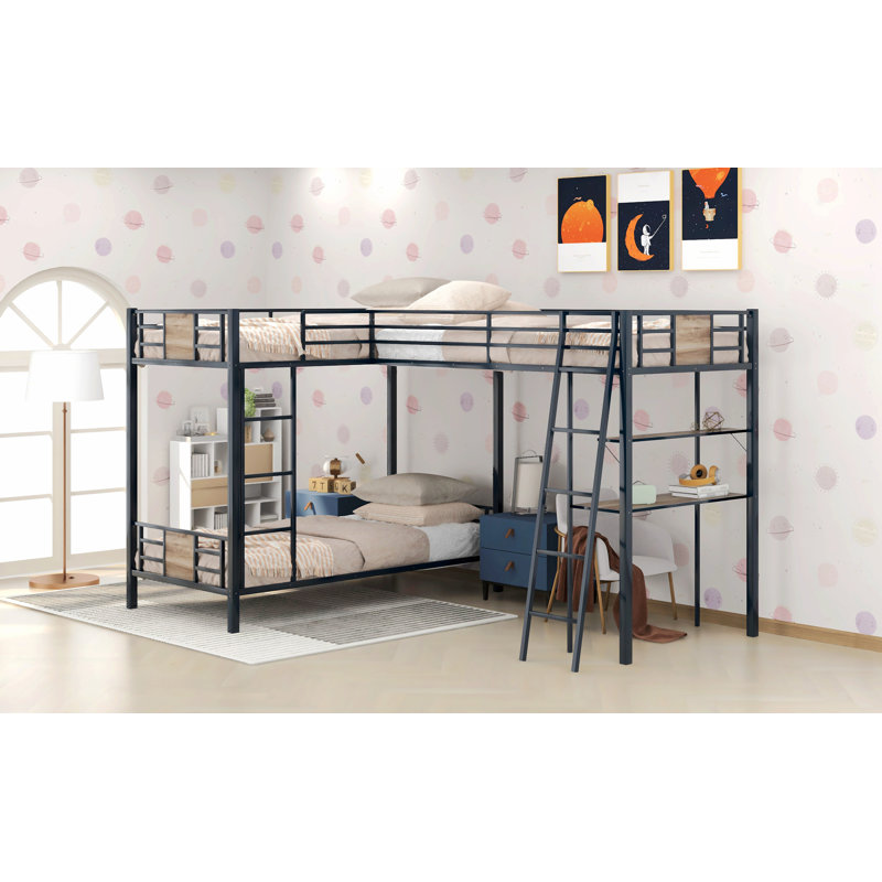 L-Shaped Twin Over Twin Bunk Bed With Twin Size Loft Bed With Desk And Shelf