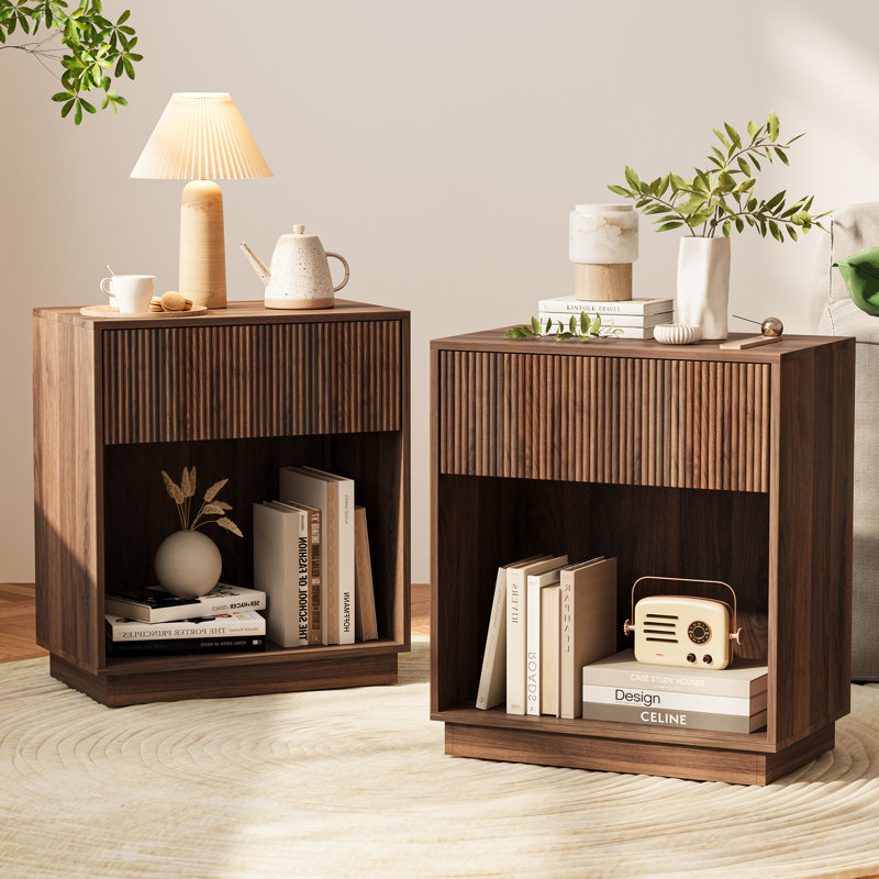 Fluted Nightstands Set Of 2, Modern Mid - Century  Bedside Table With Drawer & Open Storage Shelf, End Table For Bedroom, Living Room, Office, Sofa Side Couch  (White+Oak)