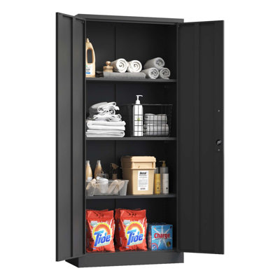 71"H Metal Garage Storage Cabinet, Black Tool Steel Locking Cabinet With Doors And 3 Shelves, Tall Cabinets For Garage Storage Systems Lockable File C
