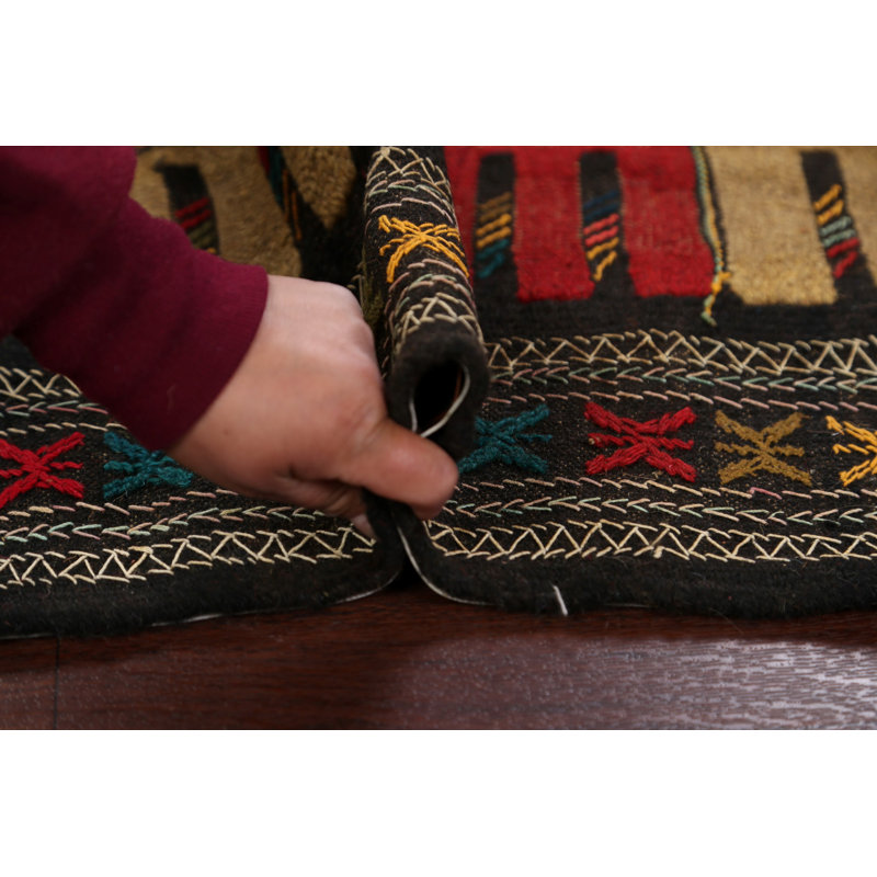Tapis rouge / noir / brun en laine fabriqué à la main Kilim