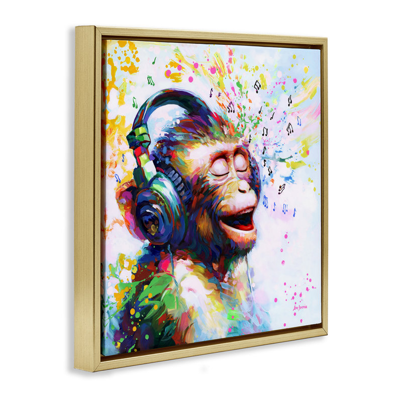 "Blissful Beats Monkey", art mural encadré flottant par Leon Devenice, Cadre flottant métallique doré, H 25 po x l 25 po