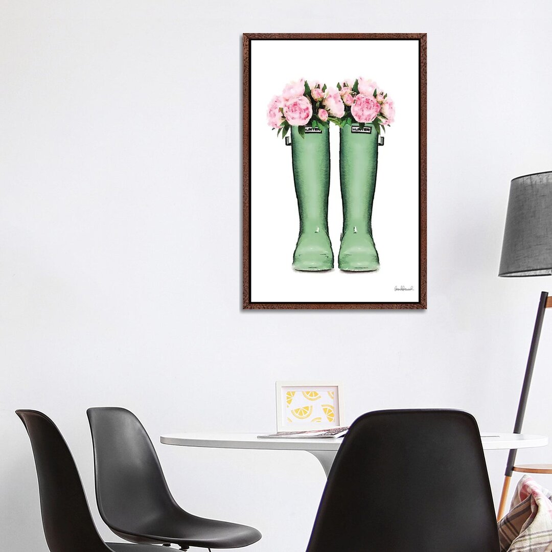 Leinwandbild Hunter Boots in Green & Pink Peonies von Amanda Greenwood