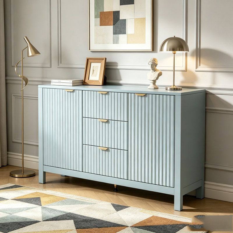 Buffet à motif ondulé - 3 tablettes réglables, 3 tiroirs et portes à fermeture en douceur