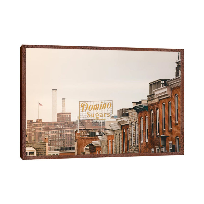 Federal Hill Baltimore Skyline by Ann Hudec - Print on Canvas, 45.72cm H x 66.04cm W x 3.81cm D, Classic Brown Wood Framed