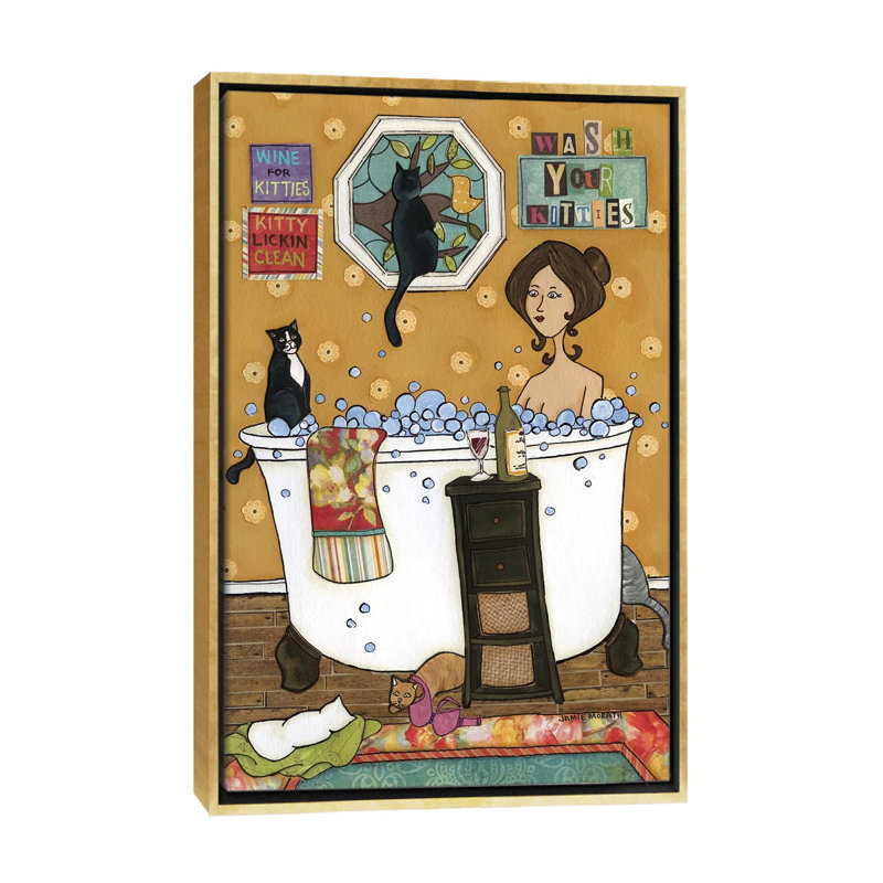 « Wash your kitties » par Jamie Morath-impression, Pas de tapis, H 26 po x l 18 po x 1,5 po, Toile encadrée d'or