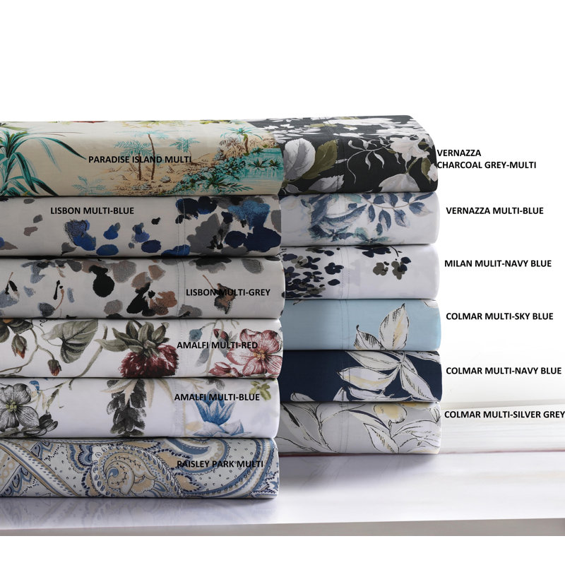 Tribeca Living Printed 300 Thread Count Sheets 100% Cotton Floral Sheet Set, Blue