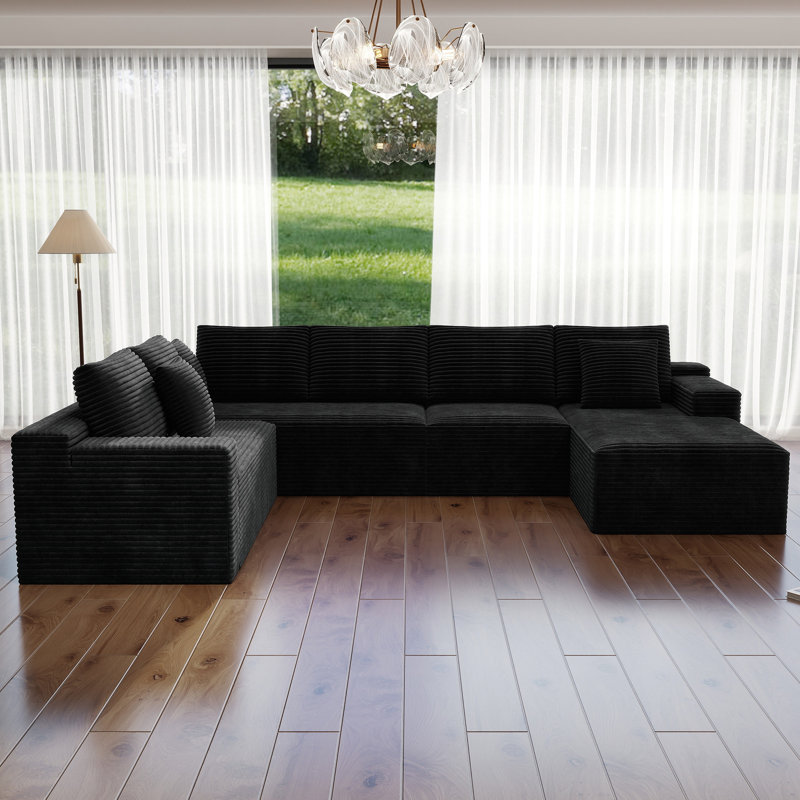 Canapé modulaire en U de 132 po pour 5 personnes, canapé à compression, velours côtelé noir, orienté vers la gauche