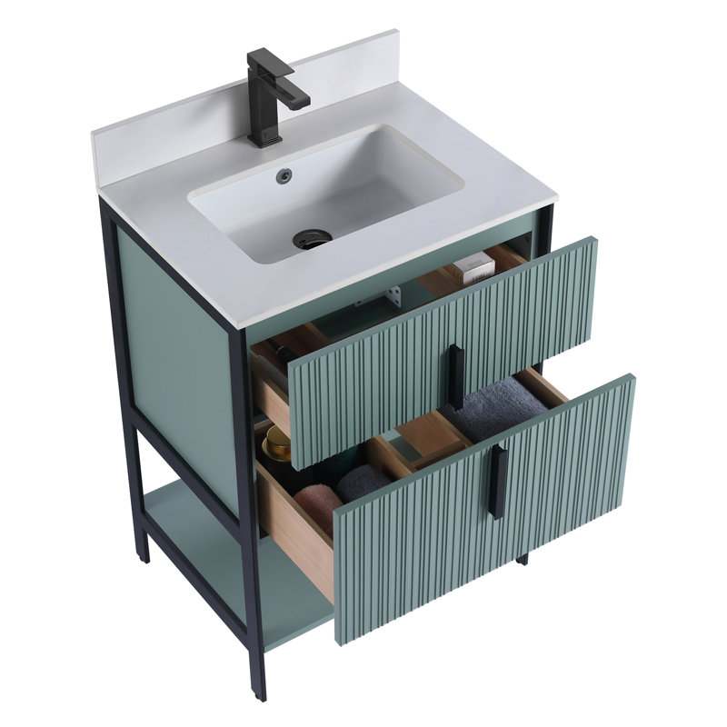 Meuble-lavabo moderne avec plateau en pierre Serenity, Vert menthe / noir, 24", Pierre artificielle blanche