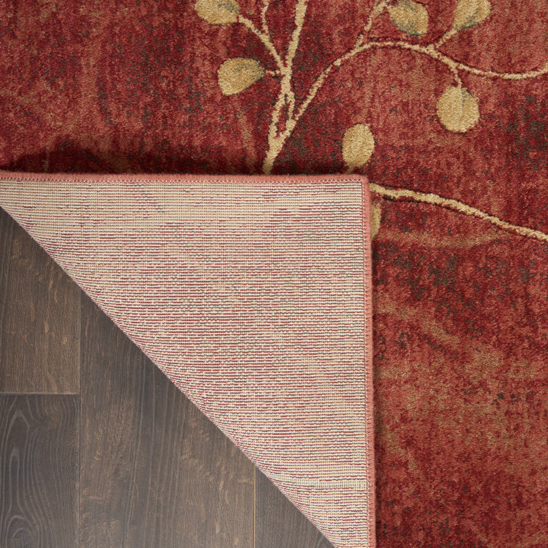 Tapis à motif floral rouge flamme / brun Arnim, Tapis de couloir 2 pi 3 po x 10 pi