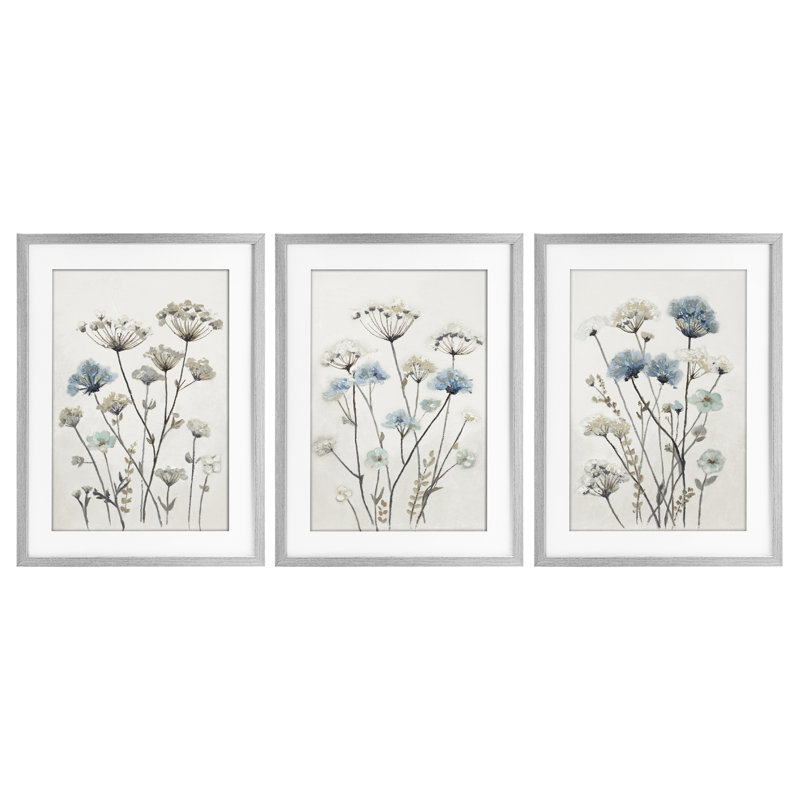 «Neutral & Blue Garden», ensemble de 3 impressions sous verre encadrées, design par Patricia Pinto, Cadre de ferme gris