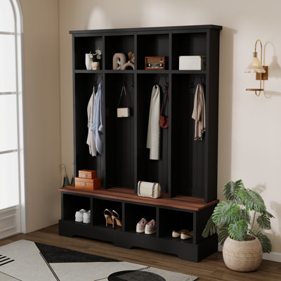 Arbre d'entrée 3-en-1 Farmhouse avec banc de rangement large, armoire à chaussures d'entrée avec compartiments ouverts, portemanteau élégant avec 8 crochets