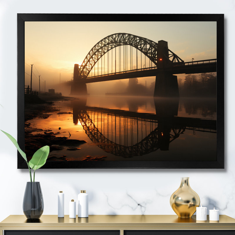 Orange Bridge At Dawn - Architecture Wall Decor, H 24 po x l 32 po x P 1 po, Cadre photo noir