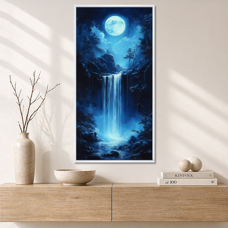 Reproduction d'art sur toile, "Blue Falls", H 40 po x l 20 po, Cadre flottant blanc