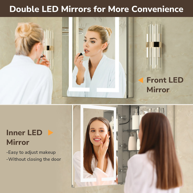 Rectangle LED Medicine Cabinet with Light, Sockets & USBs,Tempered Glass, 32" H x 48" W