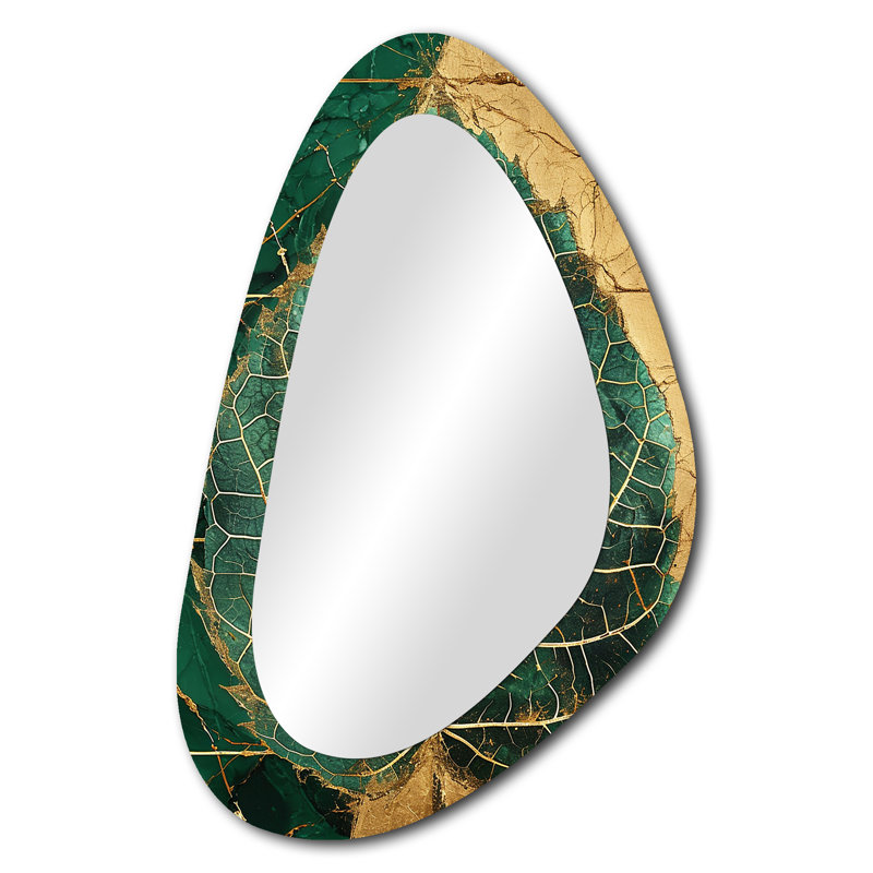 Ornement vert feuille rétro or I - feuilles de forme irrégulière miroir, miroir mural décoratif asymétrique vert, impression d'art en métal