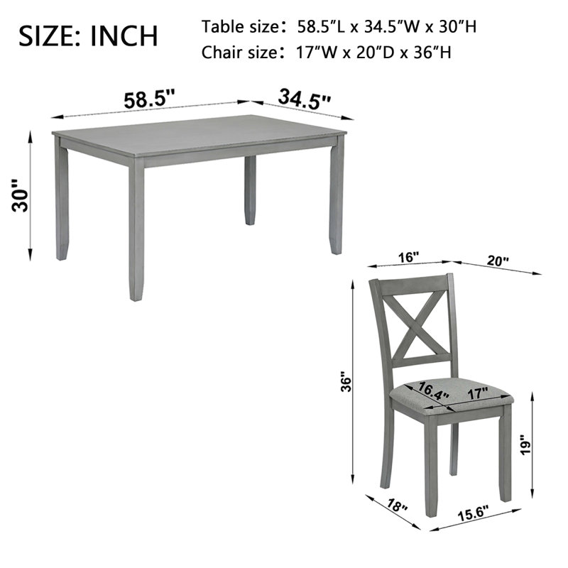 Ensemble de table et chaises de salle à manger en bois massif 7 pièces, table moderne de 58,5 pouces avec 6 chaises rembourrées (style X-Back) pour la cuisine, la salle à manger, gris