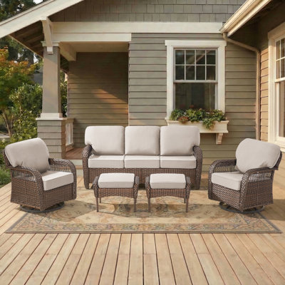 5-Piece Outdoor Wicker T-Back  Sofa Set With Swivel Chairs And Ottoman