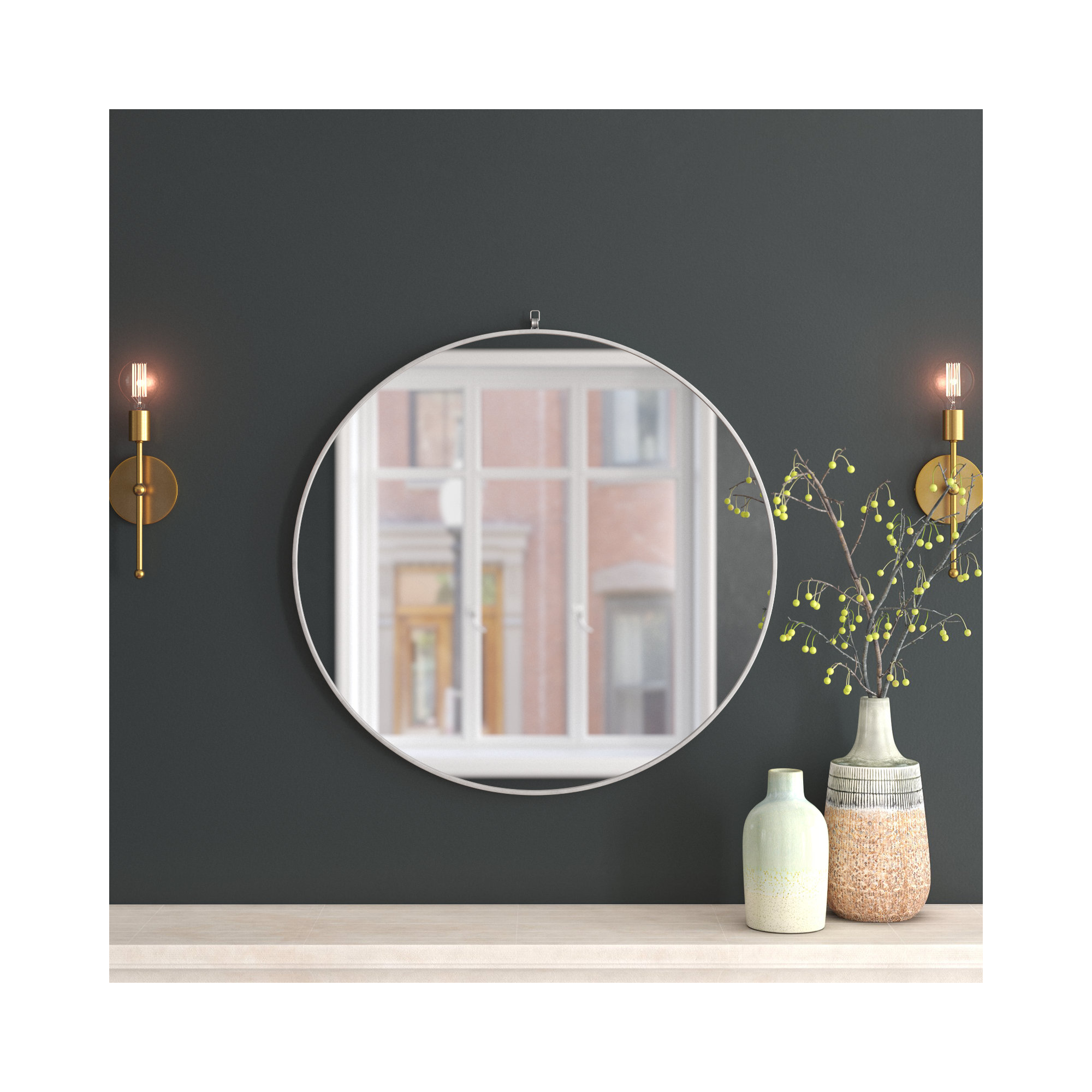 Cassie Metal/Manufactured Wood Round Wall Mirror, Silver, 39" x 39"