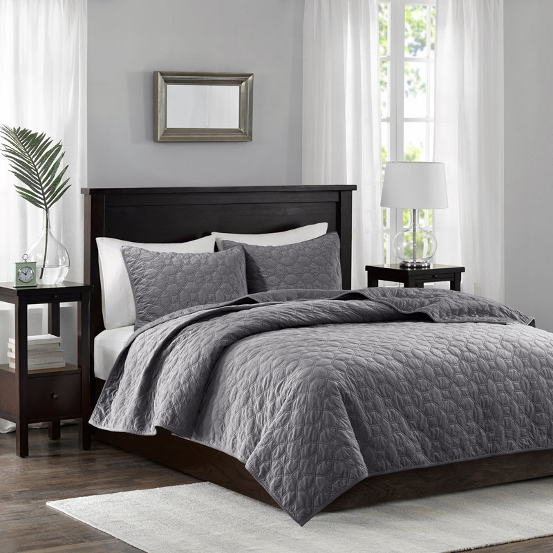 Ensemble de courtepointe 3 pièces en velours, Gris, Courtepointe double et 2 taies décoratives standa