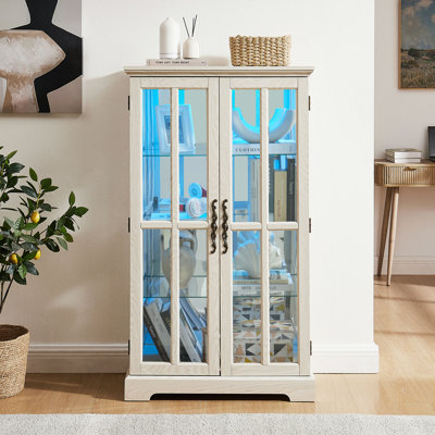 Armoire haute en verre à double porte en treillis, bande lumineuse RVB en couleur, 3 tablettes réglables pour la cuisine, le salon, le bureau et la chambre à coucher
