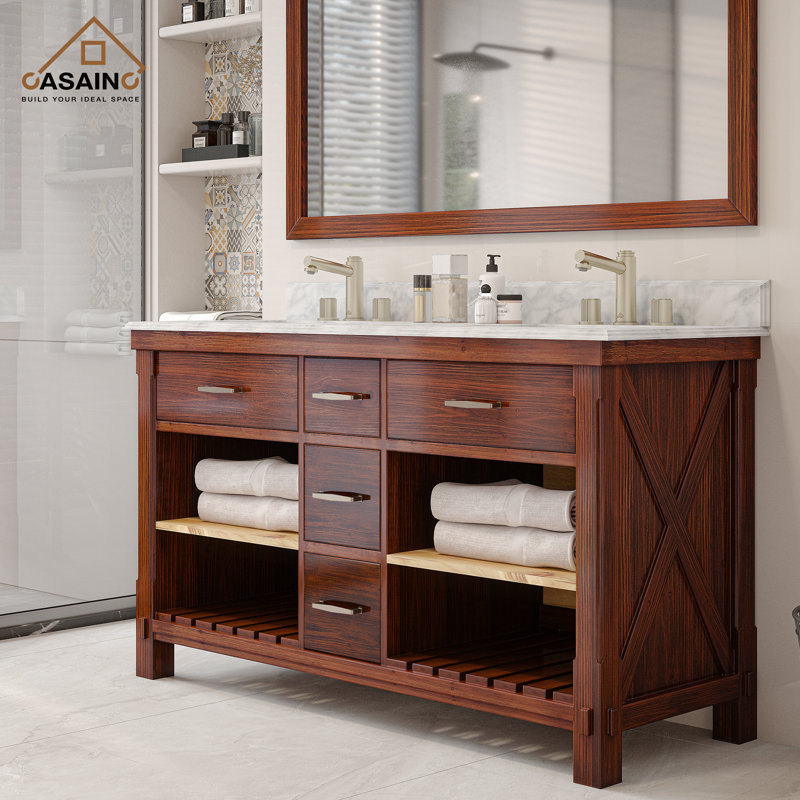 Meuble-lavabo double 60 po en brun avec comptoir en marbre de Carrare et dosseret