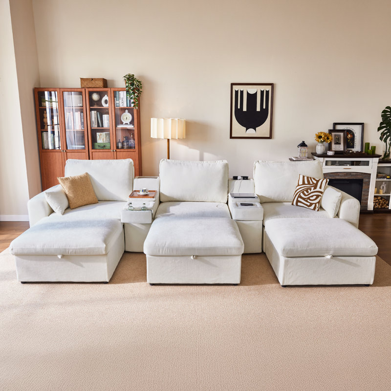 Chenille Oversized Modular Home Theater Sofa Bed Cloud Couch Sectional, Plush Sleeper Sofa With Versatile Console, Convertible Side Table Charging Storage Cup Holder
