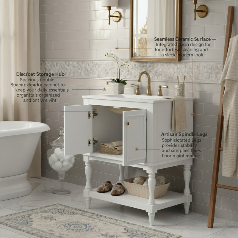 24-Inch Small Space Zoey With Sink, Compact Luxury Cabinet With 1 Door And Open Storage, Retro Inspired Design