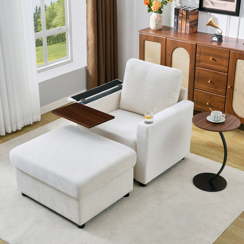 34" Modern Chenille Accent Chair With Side Table, Cup Holder, Usb Port, And Storage Ottoman, Beige