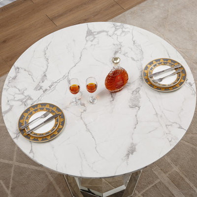 47" Round Marble Dining Table, Modern Kitchen Table With High Gloss Faux Marble Tabletop And Stainless Steel Base For Dining Room, Kitchen (Sliver,Whi