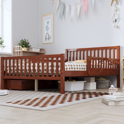 Storage Wood Platform Bed with Guardrails and Two Storage Drawers
