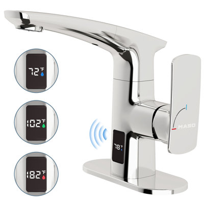 MASO Touchless Pull-Down Bathroom Sink Faucet, 2 Spray Modes, Temperature Display (°F), Motion Sensor, 360° Swivel, Single Handle, 1 or 3 Hole, Deck Plate, Vanity, Laundry & Bar,  Polished Chrome