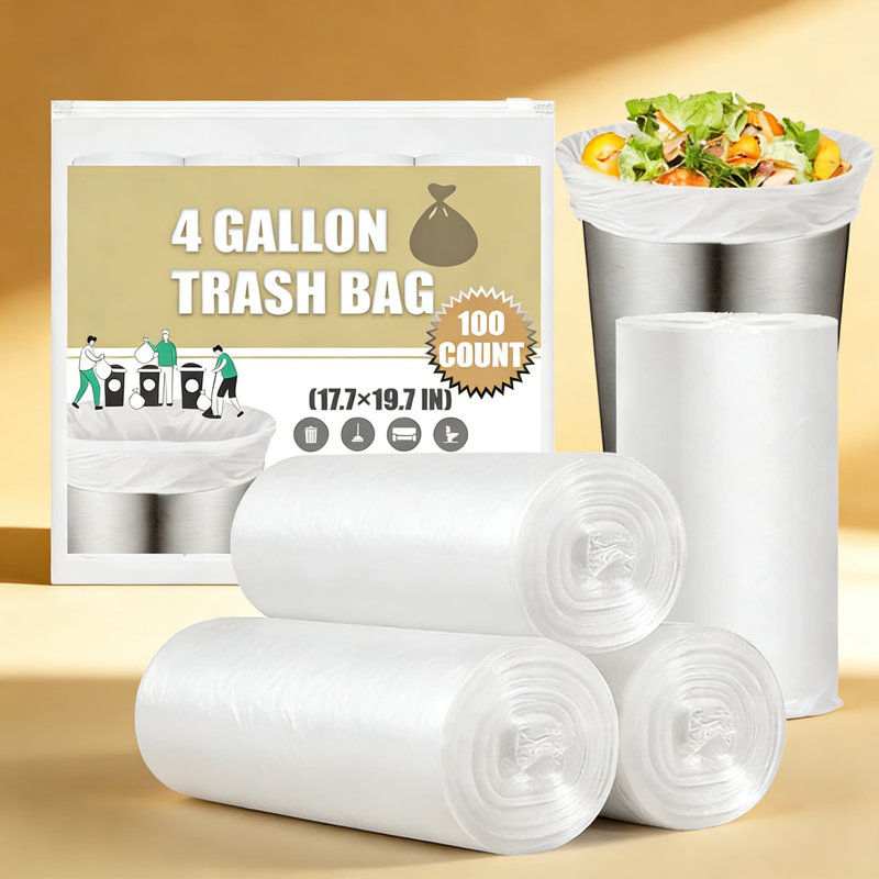 Petits sacs à ordures 4 gallons, 100 sacs - Sacs à ordures durables et résistants aux fuites pour les poubelles de bureau, de chambre à coucher, de salle de bain et de cuisine, translucides et perforés pour une utilisation facile