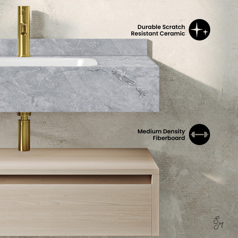 Meuble-lavabo mural 36 po Avancer en chêne naturel avec plateau en marbre noir Avancer, Chêne blanc, Gris