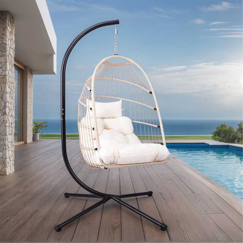Fauteuil suspendu d'extérieur avec support et chaise pivotante en osier, Gris clair, Blanc cassé