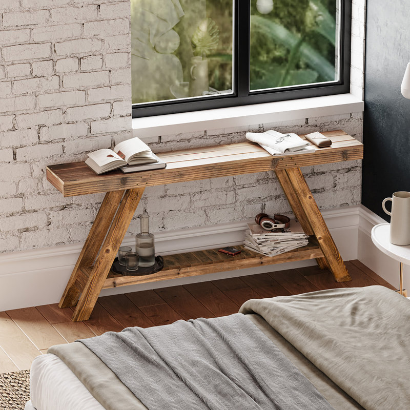 60" Solid Wood Console Table, Narrow Modern Farmhouse Design with Angled Legs for Hallway-Natural/ Brown Color, Brown