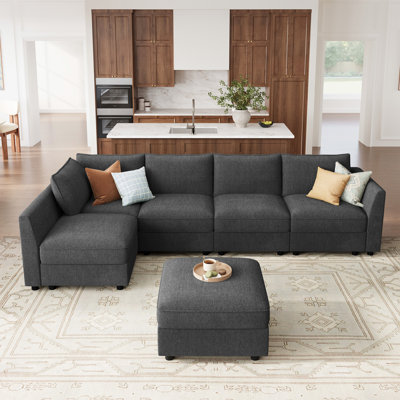 Tremee L-shaped Modular Sleeper Sofa Upholstered Sectional Sofa Couch Light Grey