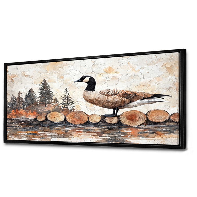 Oie dans la forêt canadienne, paysage de lac I - oie, art mural, Noir, H 28 po x l 60 po, Cadre flottant