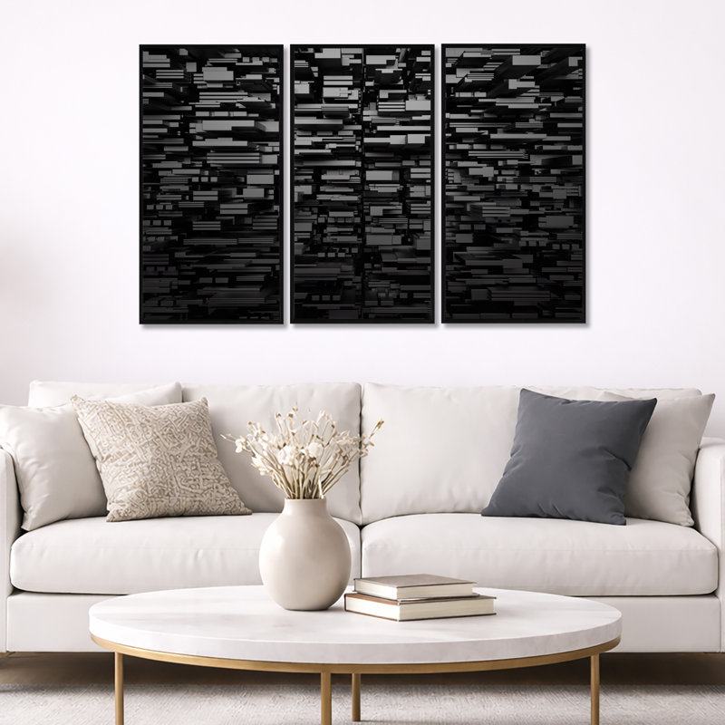 Fond géométrique noir / gris - ensemble de 3 toiles abstraites encadrées, Noir, noir, noir, noir, H 20 po x l 36 po