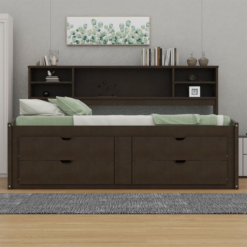 Daybed With 2 Bedside Cabinets, Upper Shelves And 4 Drawers, Antique Brown