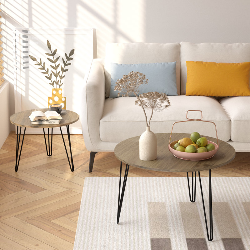 Ensemble de 2 tables basses gigognes rondes de 70 cm (27,56 po), plateaux en imitation marbre et structure en métal, brun, pour salon et chambre.