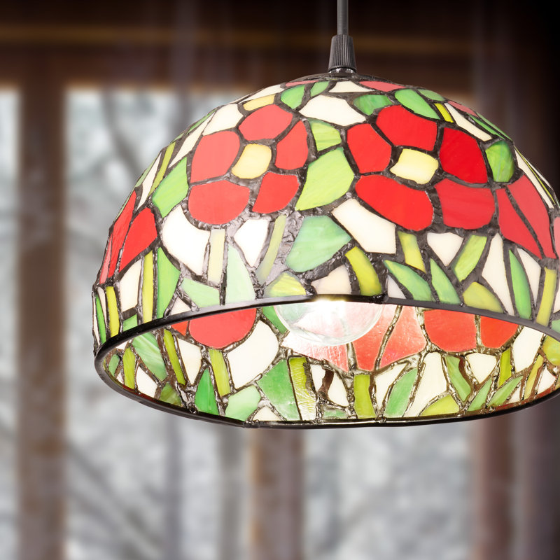 9.5"W Genevieve Red Flowers Stained Glass Dome Shade Pendant