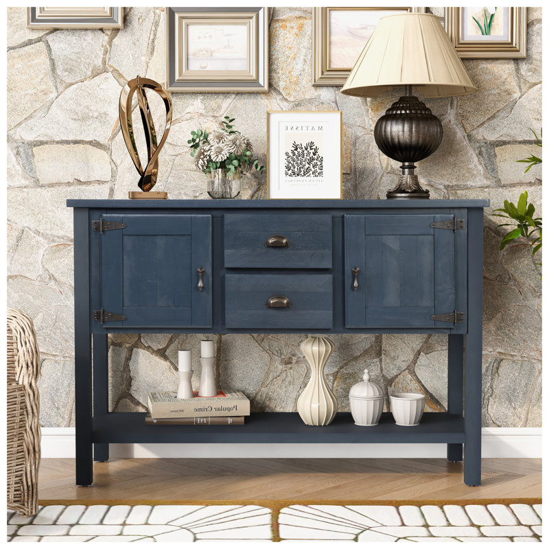 Console en bois de pin massif de 46 pouces avec 2 tiroirs et 2 armoires, finition bleu marine, 34" H x 46.5" W x 17.52" D