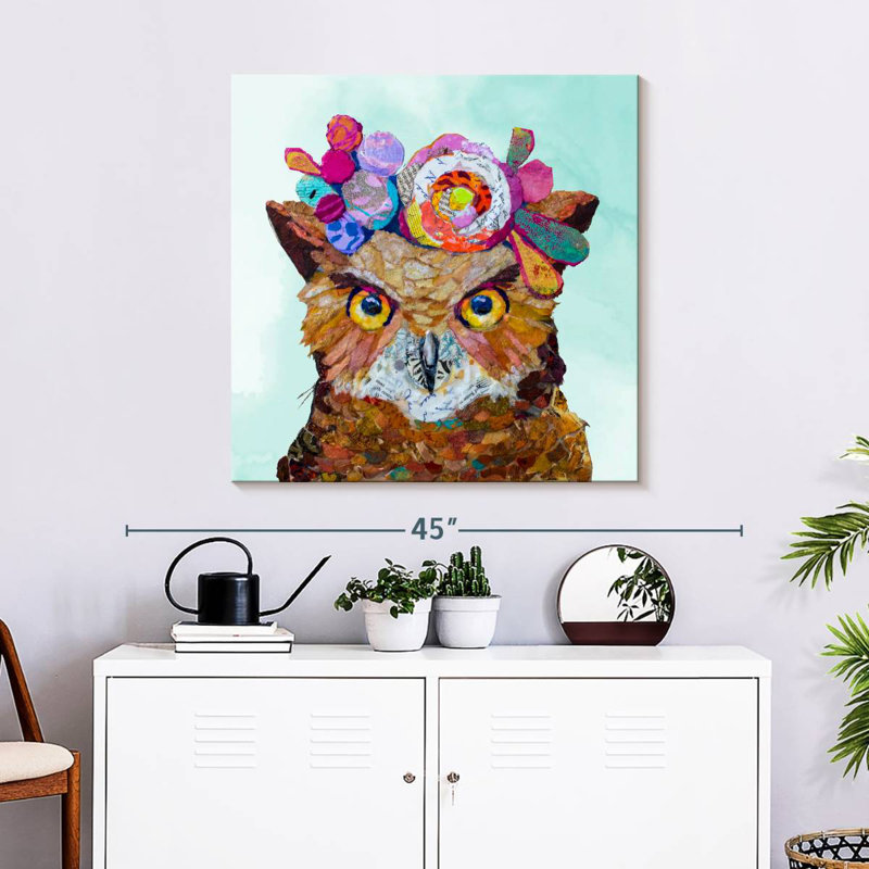 Peinture florale hibou, H 30 po x l 30 po