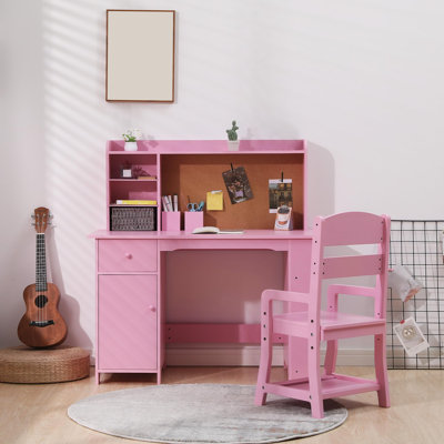 Kids Desk and Chair Set, Study Desk and Chair Set,Wooden Study Desk with Bookshelf, Bulletin Board, Cabinet & Drawer,Pink Children’s Writing Table