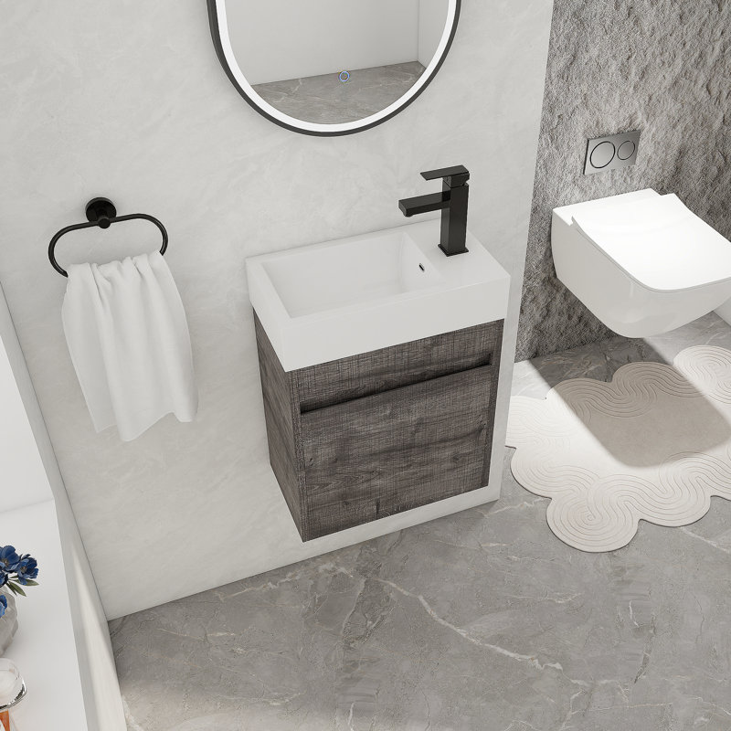Meuble-lavabo flottant mural avec lavabo en céramique et porte d'armoire à fermeture en douceur, Gris